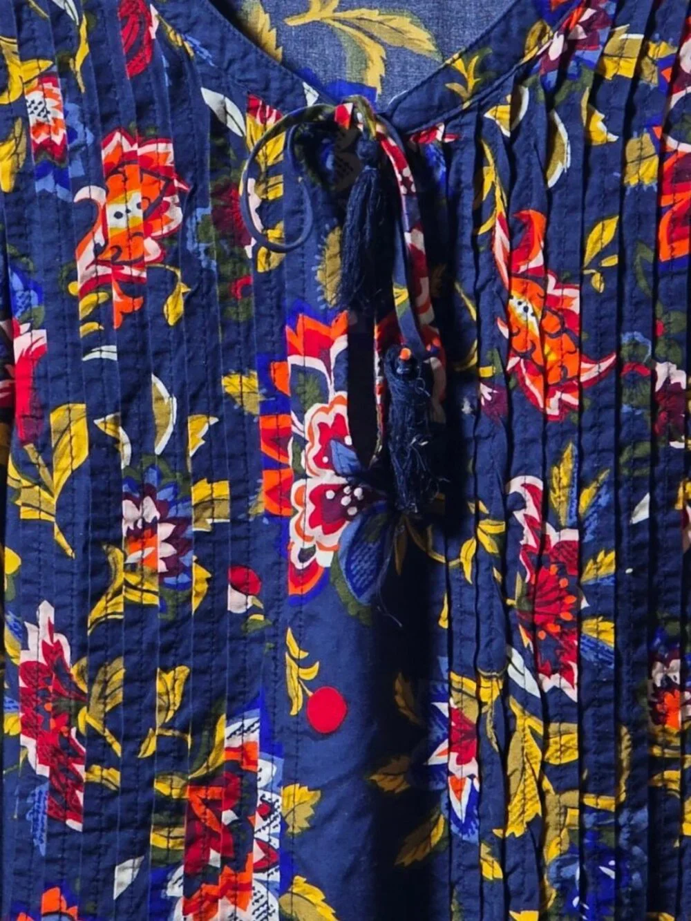 Old Navy Floral Boho Peasant Dress L Tall Blue Red Long Sleeve Pintuck Tie Neck